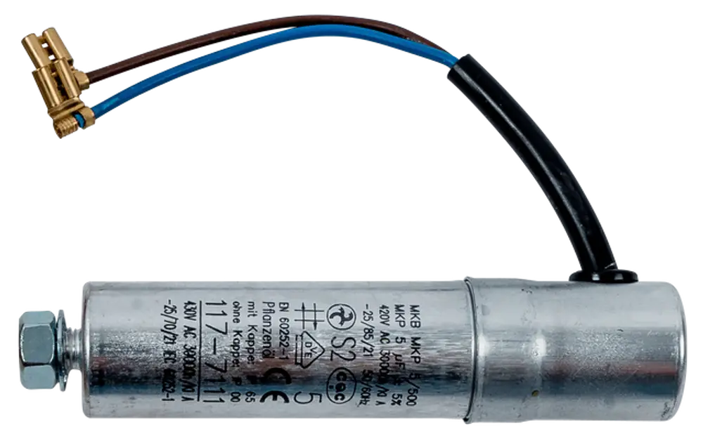 Kondensator mit Metallgehäuse und Anschlussdrähten, verwendet in Ventilatoren. Produkt von WOLF, angezeigt mit elektrischen Spezifikationen.